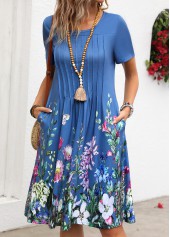 Floral Print Tuck Stitch Denim Blue Short Sleeve Dress