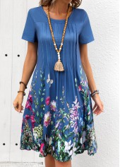 Floral Print Tuck Stitch Denim Blue Short Sleeve Dress