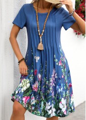 Floral Print Tuck Stitch Denim Blue Short Sleeve Dress