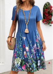 Floral Print Tuck Stitch Denim Blue Short Sleeve Dress