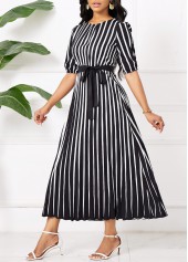 Striped Umbrella Hem Belted Black Maxi Short Sleeve Dress