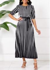 Striped Umbrella Hem Belted Black Maxi Short Sleeve Dress