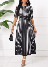 Striped Umbrella Hem Belted Black Maxi Short Sleeve Dress