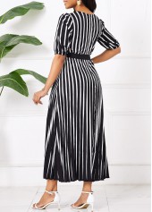 Striped Umbrella Hem Belted Black Maxi Short Sleeve Dress