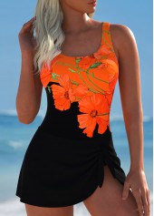 Floral Print Tie Black One Piece Swimdress