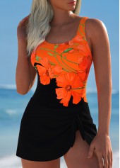 Floral Print Tie Black One Piece Swimdress