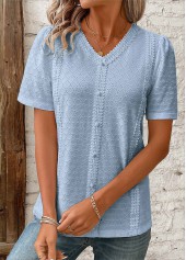 Patchwork Blue Short Sleeve V Neck Blouse