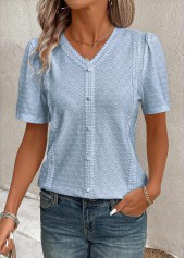 Patchwork Blue Short Sleeve V Neck Blouse