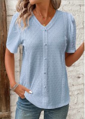 Patchwork Blue Short Sleeve V Neck Blouse