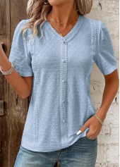 Patchwork Blue Short Sleeve V Neck Blouse