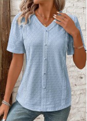 Patchwork Blue Short Sleeve V Neck Blouse