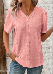 Patchwork Pink Short Sleeve V Neck Blouse
