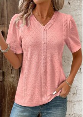 Patchwork Pink Short Sleeve V Neck Blouse