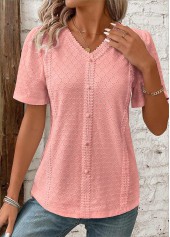 Patchwork Pink Short Sleeve V Neck Blouse