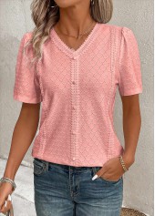 Patchwork Pink Short Sleeve V Neck Blouse