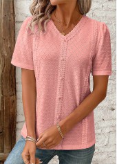 Patchwork Pink Short Sleeve V Neck Blouse