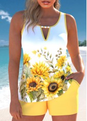 Floral Print Cut Out Light Yellow Tankini Set