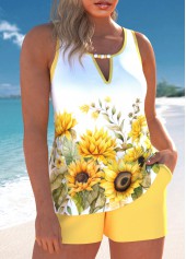 Floral Print Cut Out Light Yellow Tankini Set