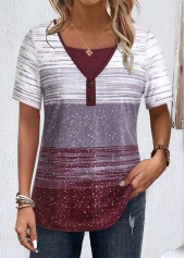 Striped Button Multi Color Short Sleeve T Shirt