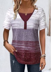 Striped Button Multi Color Short Sleeve T Shirt