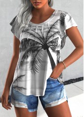 Plants Print Tuck Stitch Light Grey T Shirt