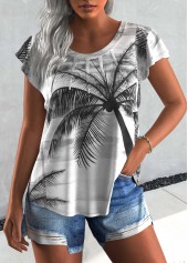 Plants Print Tuck Stitch Light Grey T Shirt