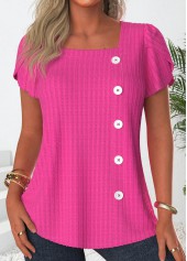 Button Hot Pink Short Sleeve Square Neck T Shirt