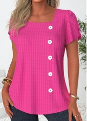 Button Hot Pink Short Sleeve Square Neck T Shirt