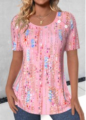 Button Pink Short Sleeve Round Neck T Shirt