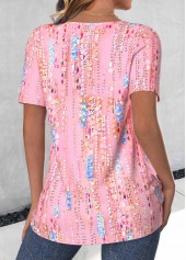 Button Pink Short Sleeve Round Neck T Shirt