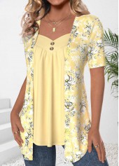 Floral Print Button Light Yellow Fake Two Piece Twinset