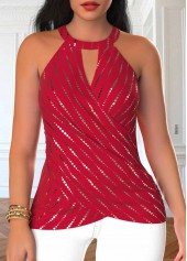 Geometric Print Wrap Red Sleeveless Halter Tank Top