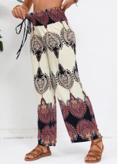 Tribal Print Smocked Beige Elastic Waist High Waisted Pants