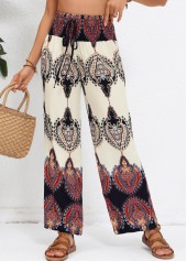 Tribal Print Smocked Beige Elastic Waist High Waisted Pants