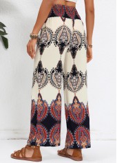 Tribal Print Smocked Beige Elastic Waist High Waisted Pants