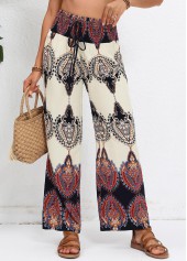 Tribal Print Smocked Beige Elastic Waist High Waisted Pants