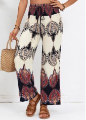 Tribal Print Smocked Beige Elastic Waist High Waisted Pants