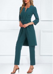Pocket Turquoise Ankle Length Split Neck Jumpsuit and Cardigan
