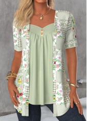 Floral Print Sage Green Fake Two Piece Twinset