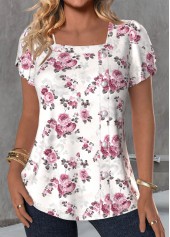 Floral Print Button White Short Sleeve T Shirt