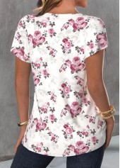 Floral Print Button White Short Sleeve T Shirt