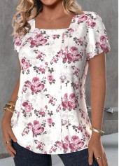 Floral Print Button White Short Sleeve T Shirt