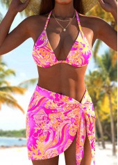 Paisley Print Three-piece Hot Pink Bikini Set