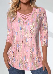 Geometric Print Criss Cross Light Pink T Shirt