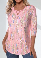 Geometric Print Criss Cross Light Pink T Shirt