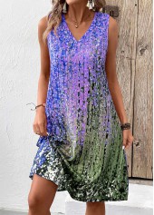 Ombre Lightweight Purple A Line Sleeveless V Neck Dress