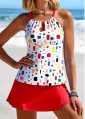 Geometric Print Cut Out Red Tankini Set