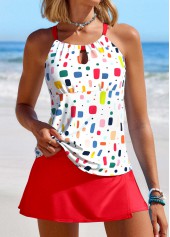 Geometric Print Cut Out Red Tankini Set