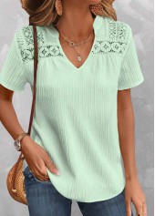 Patchwork Light Green Short Sleeve V Neck Blouse