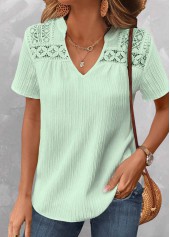 Patchwork Light Green Short Sleeve V Neck Blouse